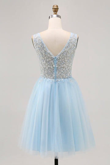 Sparkly Blue A-line Tulle Short Prom Dress with Sequins